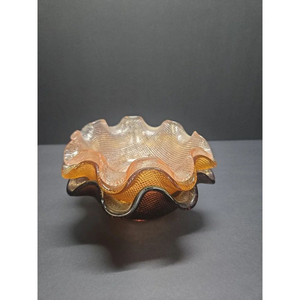 Vintage Colony Waffle Glass Nesting Bowls Set of 3 Pink Amber‎ Purple Ruffled